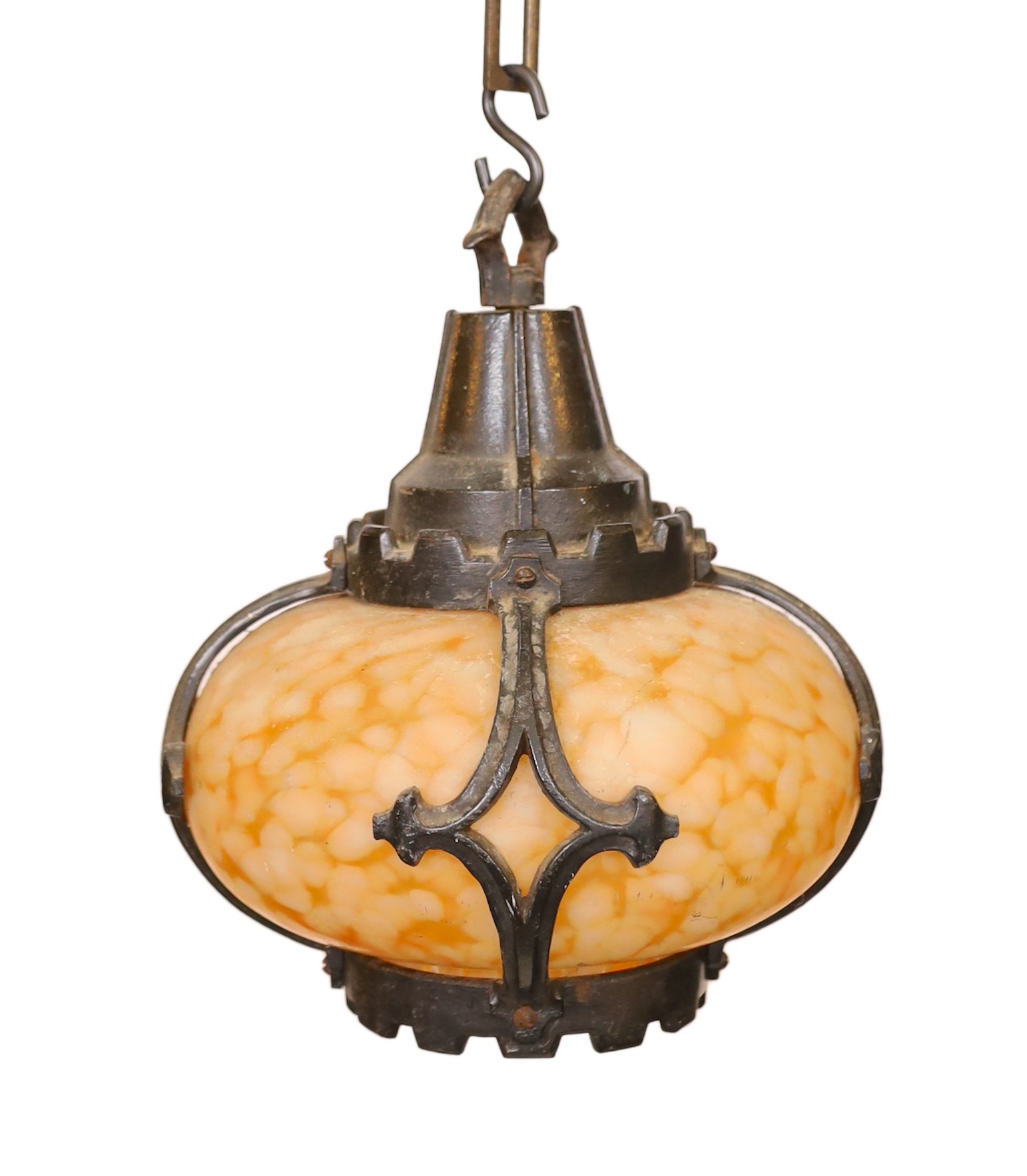 A cast iron and marbled glass light fitting with chunky chain, height 45cm. width 30cm